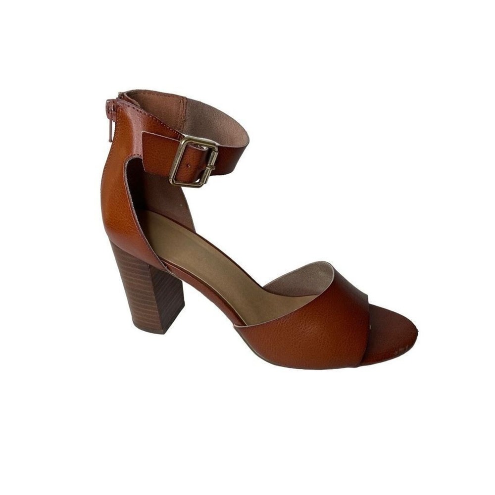 Madden Girl Block Heel Sandals Brown Good Ankle Strap Zip Up Vegan Leather